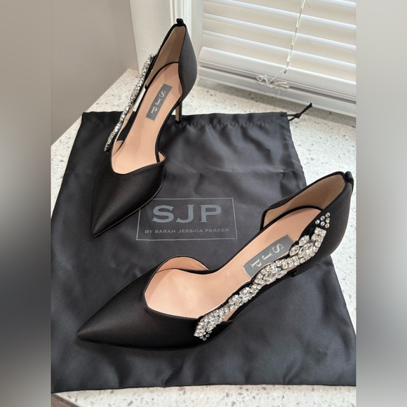 SJP by Sarah Jessica Parker Shoes - SJP by Sarah Jessica Parker Black Satin Crystal-Embellished Pointed Pumps